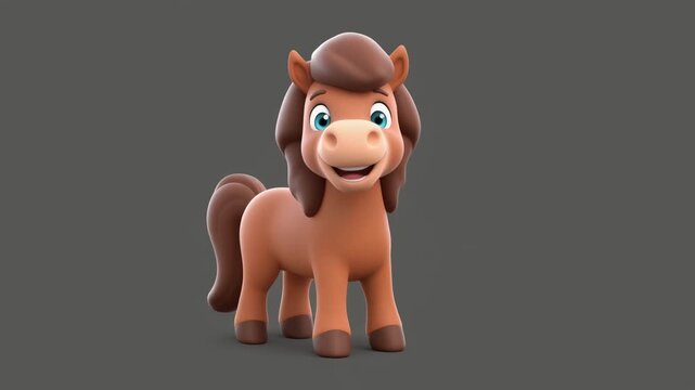 Cute cartoon pony walking and trotting with happy expression in studio lighting for children's content