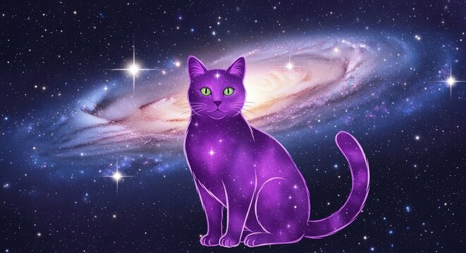 Cosmic purple cat in a starry galaxy space.