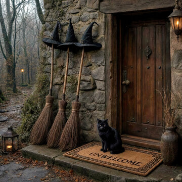 A mysterious porch adorned with three brooms and witch hats leans against a stone wall, while a black cat perches on a mat labeled 'Unwelcome' in an eerie woodland setting