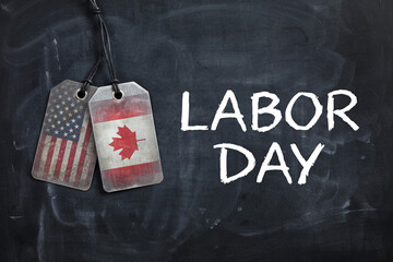 Labor day usa canada commemoration patriotic dog tags with american canadian flags on chalkboard background