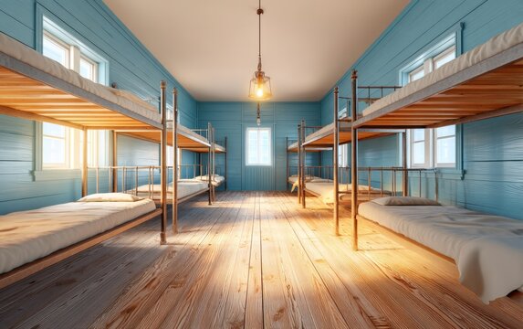Empty Barracks for Workers at a Coal Mine with Bunk Beds and Light