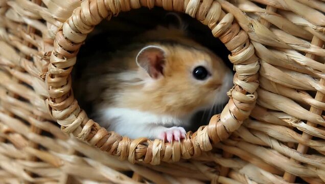 A heartwarming close up 4K pet video showcasing a tiny curious hamster peeking its nose out of the weaves of a rustic wicker basket displaying playful animal behavior and adorable exploration