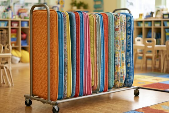 Colorful Nap Mats on Drying Rack in Childcare Room