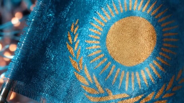 Close-up of a flag with a gold sun and eagle, on a blue background, frayed edges