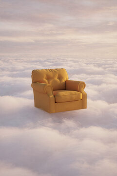Surreal Yellow Armchair Floating on Clouds in a Dreamy Sky