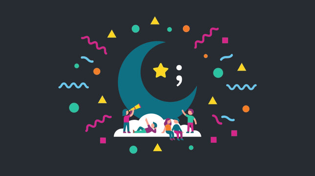 People Sitting on Cloud Under Crescent Moon and Semicolon Star