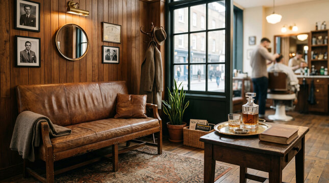 Vintage barbershop interior with leather sofa, barber cutting hair, and whiskey on table