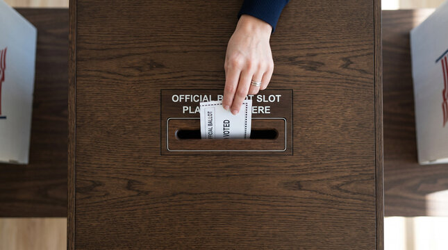 Hand casting a vote into ballot box at polling station, election day, democracy concept