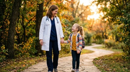 Obraz premium A female doctor holding the hand of a happy young girl while walking outdoors during a warm sunset, creating a caring and supportive pediatric healthcare moment. 