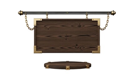 Fototapeta premium Blank wooden sign hanging from chains over a rounded wooden base, perfect for displaying messages, menus, or artwork