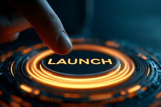 Finger pressing glowing launch button on futuristic dark background for starting new projects.
