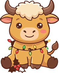 Fototapeta premium PrintCute Baby Bull Calf Christmas Winter Holiday Cartoon Vector Illustration Design