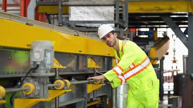 Employee examining conveyor belt machinery in a manufacturing plant while wearing protective gear and using safety equipment