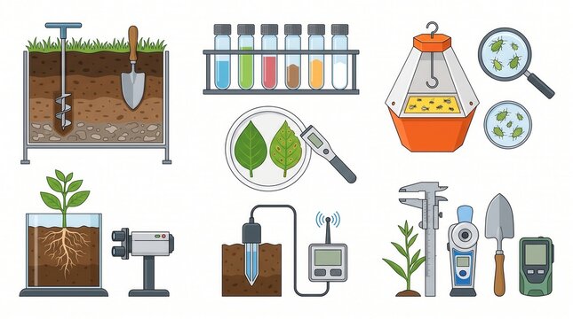 Illustration of agricultural research equipment for plant study soil analysis and pest control