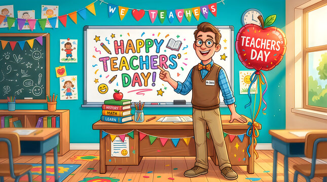 Cartoon teacher standing in classroom on Teachers Day
