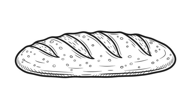 Hand drawn sketchy vector drawing of a delicious fresh French bread loaf with textured slits on a white background.