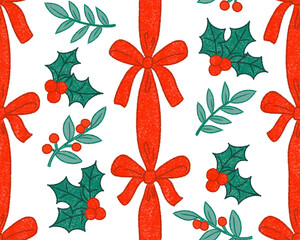 A cute seamless Christmas pattern in retro style. Striped print with ribbons, bows, and plants.