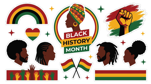 Black History Month vector sticker collection, featuring diverse profiles, raised fists, flags, and a rainbow in red, yellow, and green colors, isolated on white