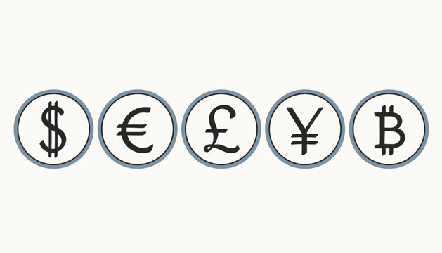 Financial set of five currency coin icons representing US dollar euro British pound Japanese yen and Bitcoin on white.