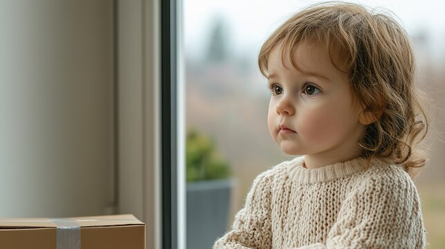 A child eagerly awaiting the arrival of a package, looking out a window,