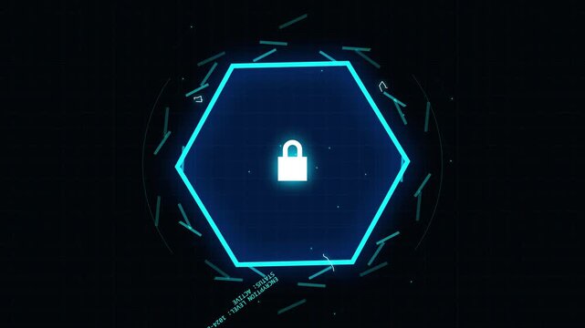 Digital security concept with glowing hexagon and lock icon on dark background.