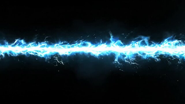 Electric blue lightning bolt energy beam moving horizontally across a dark black background with copy space for text and motion graphics effects