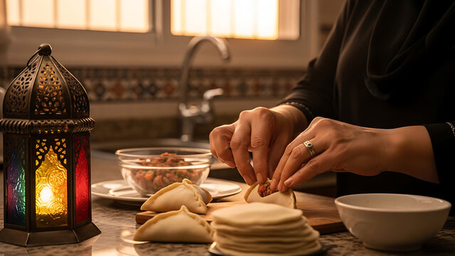 Woman preparing traditional food, close-up hands, Ramadan lantern and ingredients