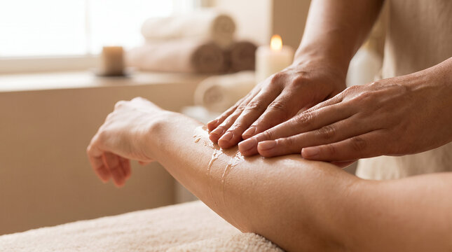 Spa therapist giving massage to client&rsquo;s arm in serene environment  