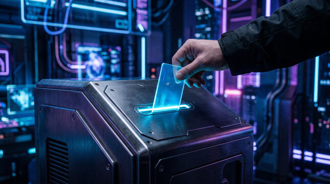 Futuristic voting machine with hand inserting glowing card, sci-fi technology