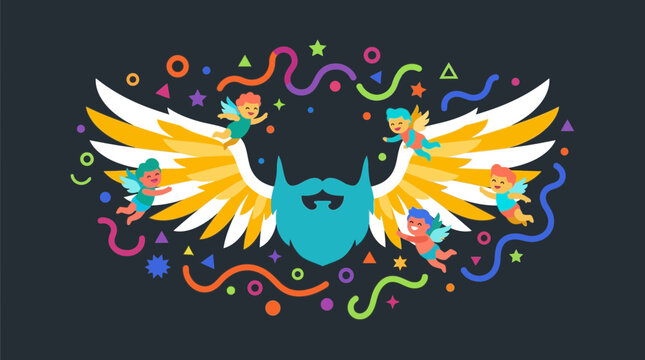 Bearded Face with Angel Wings and Flying Cupids Graphic Illustration