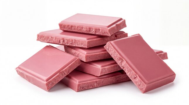 Stack of delicious ruby chocolate bars with smooth surface texture and bright pink color on white background