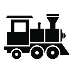 Black silhouette of a toy train engine with wheels and smokestack on white background icon © designernur