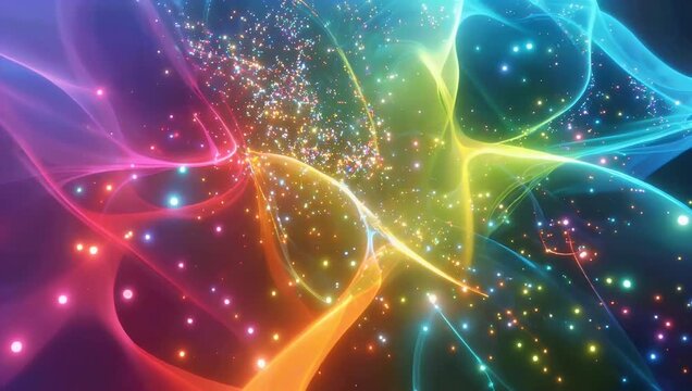 Vibrant 4K abstract animation featuring flowing gradient colors with sparkling particle overlays creating dynamic visually appealing background suitable creative projects motion graphics 