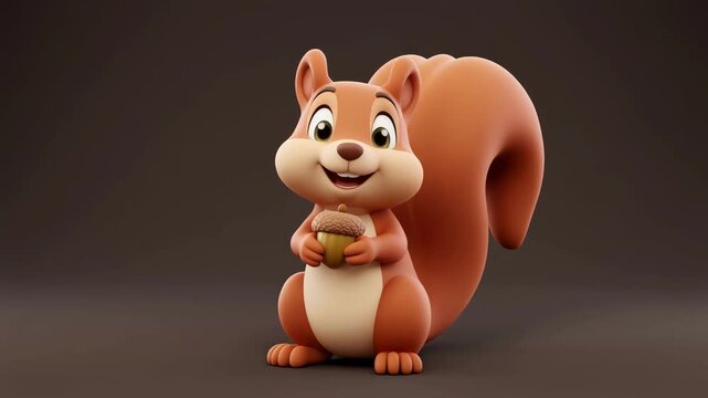 Whimsical cartoon squirrel holding acorn with subtle animated tail movement in soft studio lighting