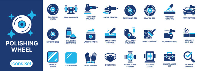 Polishing wheel icon set. Containing polishing wheel, angle grinder, handheld polisher, sanding disc, bench grinder and more. Solid vector icons collection © ToufikGlyph