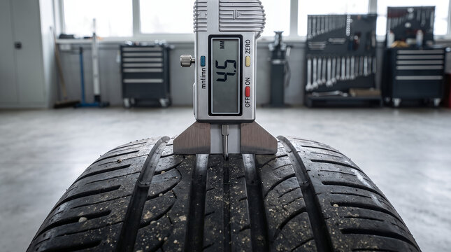 Tire tread depth measurement with gauge in automotive workshop  