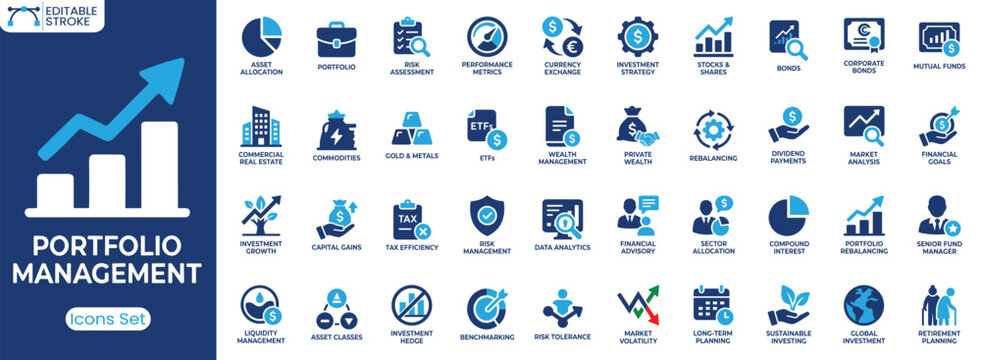 Portfolio management icon set. Containing asset allocation, risk assessment, wealth management, investment strategy, market analysis and more. Solid vector icons collection
