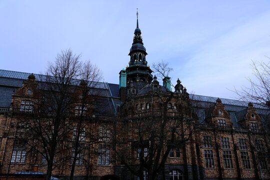 Stockholm, Sweden-Nov.28th 2025: grand Nordic Museum (Nordiska museet) building and its central spire in Stockholm, Sweden.