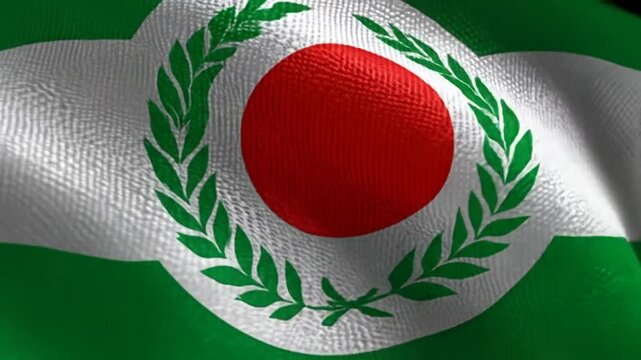 A flag with green and white bands, a central design of a red shape surrounded by green leaves