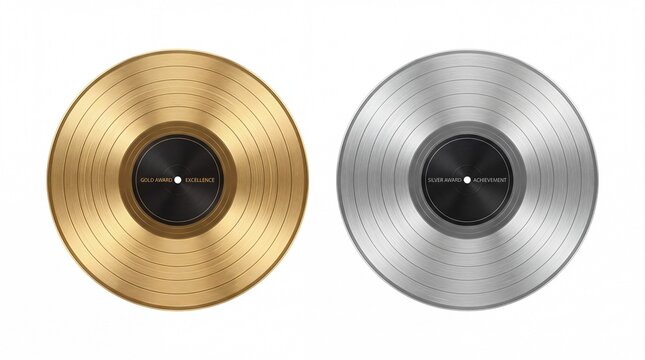 Shiny metallic gold and silver vinyl records displaying excellence and achievement awards on white background
