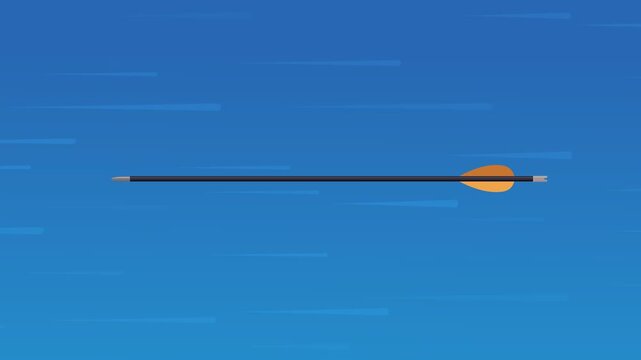 Loopable animation of an arrow flying fast through a blue sky backdrop. Concept of speed, progress, and aiming for goals.