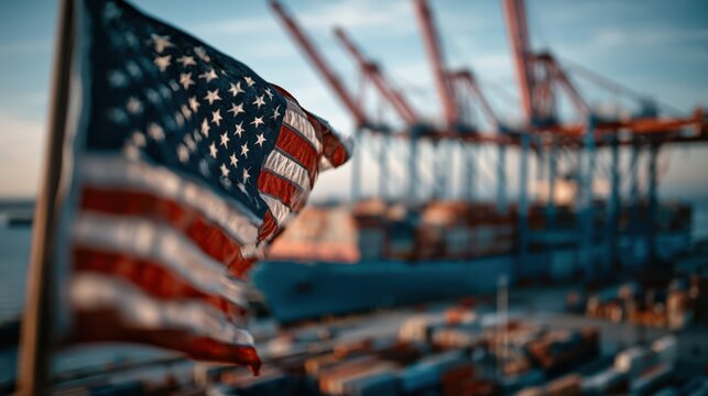 An American flag waves in the foreground with a busy shipping port and cranes blurred in the background during sunset.