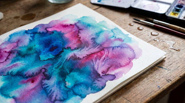 Vibrant watercolor painting with blue and pink hues on wooden table  