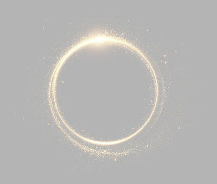 Glowing golden ring frame with shiny light flare and sparkles on gray  background