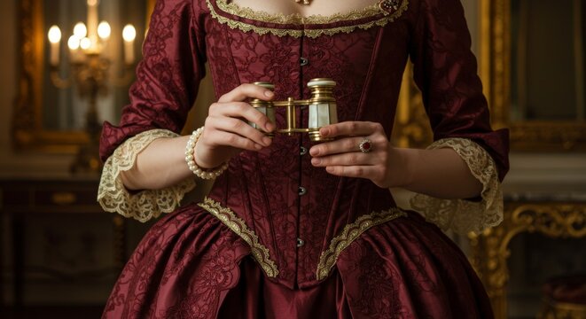 Elegant noblewoman in luxurious Rococo gown holding antique opera glasses inside a lavish Baroque palace interior