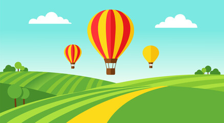 Colorful hot air balloons float over a lush green landscape in this vibrant vector illustration design perfect for travel themed digital projects © Purnomo Semlirick