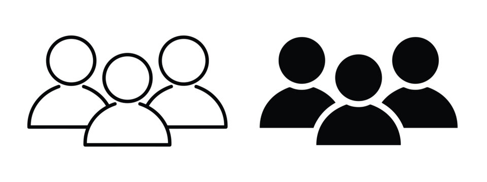 Set of two group of people one in outline style and one in solid black silhouette, representing team, community, or social network