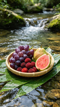 Grape bayberry guava fruit basket, mountain stream water, green leaves