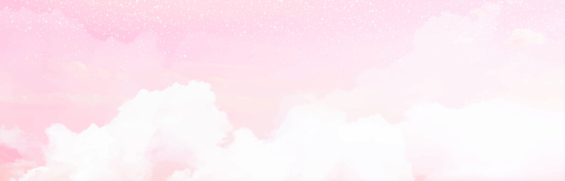 Sugar cotton pink clouds vector design background. Glamour fairytale backdrop. Plane sky view with stars and sunset. Watercolor style texture. Delicate card. Elegant decoration. Fantasy pastel color