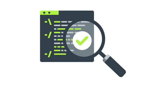 Code Review and Software Quality Assurance Illustration. Flat Vector of a Magnifying Glass inspecting Program Code with a Green Checkmark for Validation and Testing.
